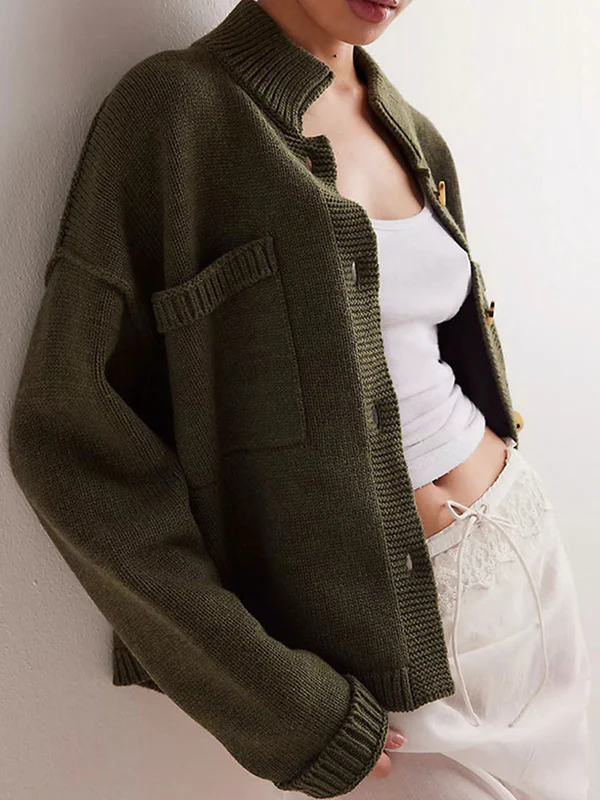 Long Sleeves Loose Buttoned Pockets Solid Color Split-Joint Stand Collar Cardigan Tops - Image 6