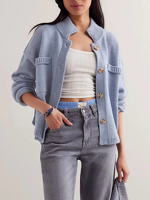 Long Sleeves Loose Buttoned Pockets Solid Color Split-Joint Stand Collar Cardigan Tops - Image 8