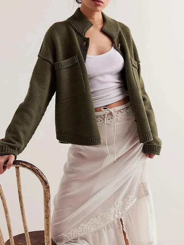Long Sleeves Loose Buttoned Pockets Solid Color Split-Joint Stand Collar Cardigan Tops - Image 9