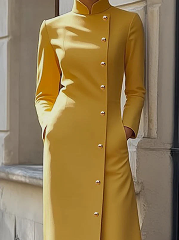 Long Sleeves Loose Buttoned Pockets Solid Color Split-Joint Stand Collar Maxi Dresses - Image 2