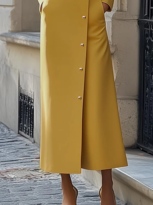 Long Sleeves Loose Buttoned Pockets Solid Color Split-Joint Stand Collar Maxi Dresses - Image 3