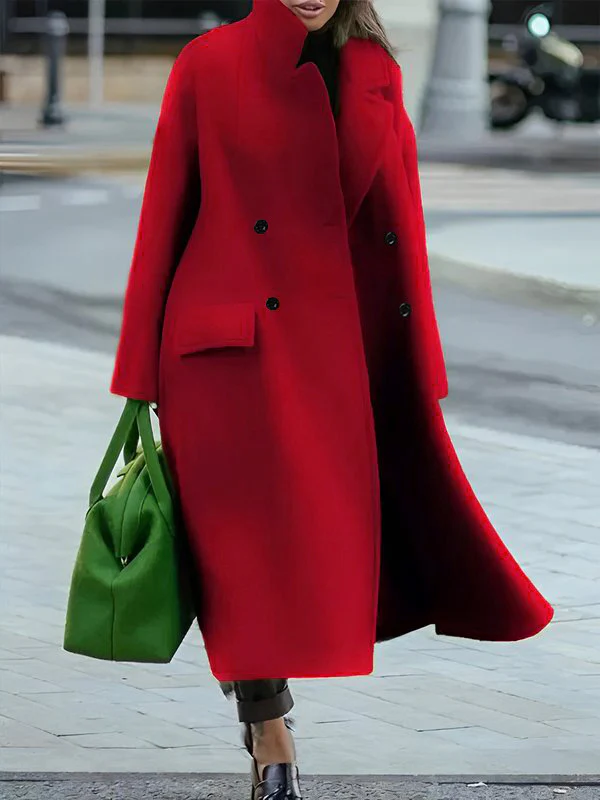 Long Sleeves Loose Buttoned Pockets Solid Color Split-Joint Stand Collar Woolen Coat - Image 2