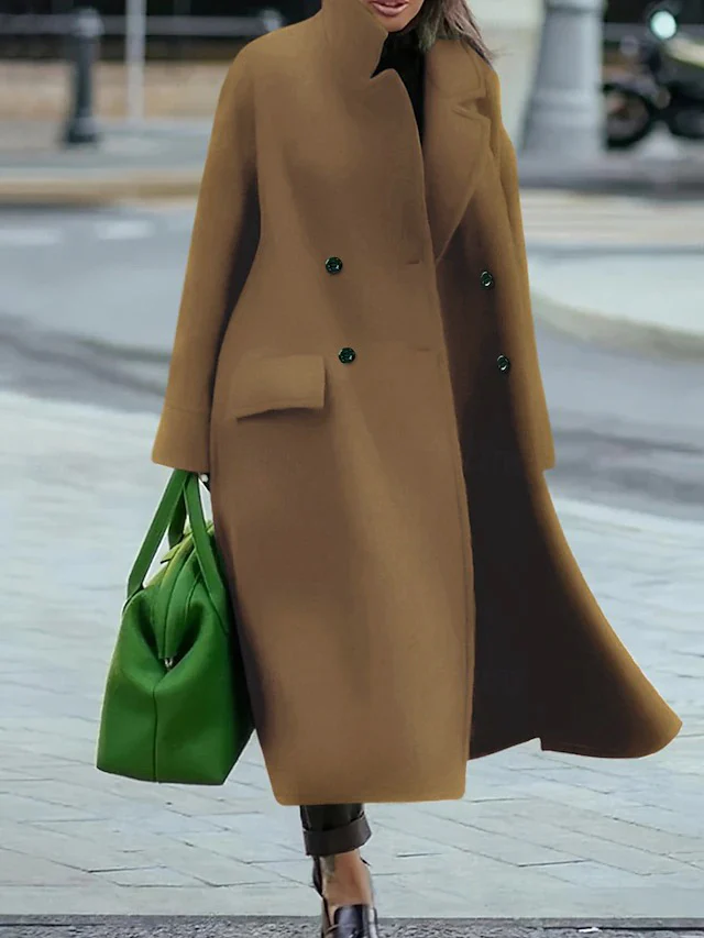Long Sleeves Loose Buttoned Pockets Solid Color Split-Joint Stand Collar Woolen Coat - Image 3