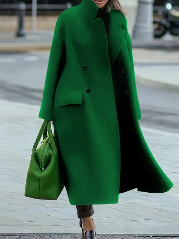 Long Sleeves Loose Buttoned Pockets Solid Color Split-Joint Stand Collar Woolen Coat - Image 4