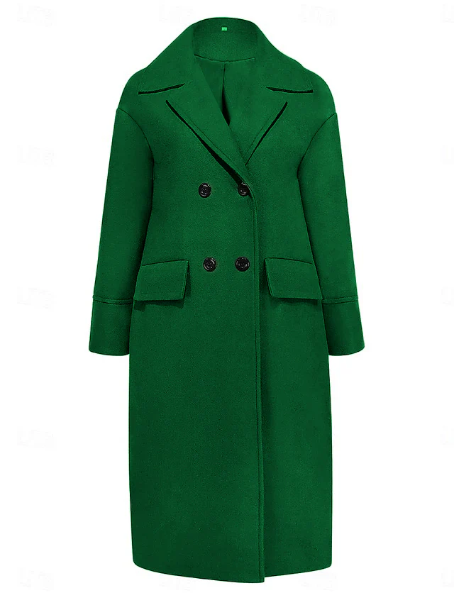 Long Sleeves Loose Buttoned Pockets Solid Color Split-Joint Stand Collar Woolen Coat - Image 5