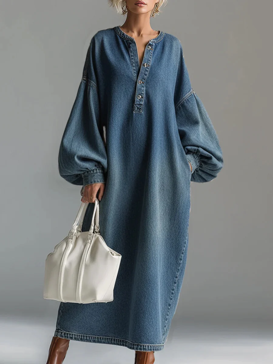 Long Sleeves Loose Buttoned Pockets Solid Color V-Neck Maxi Dresses