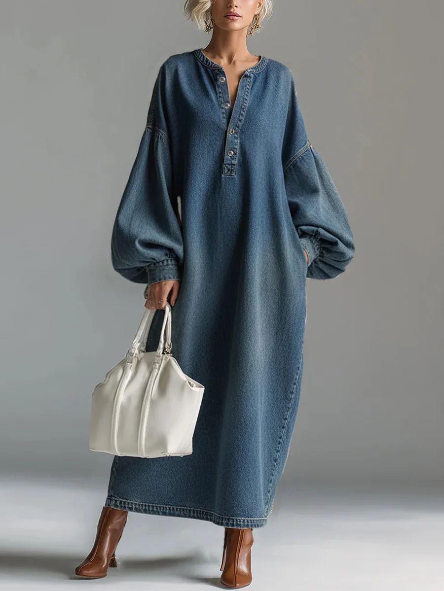 Long Sleeves Loose Buttoned Pockets Solid Color V-Neck Maxi Dresses - Image 2