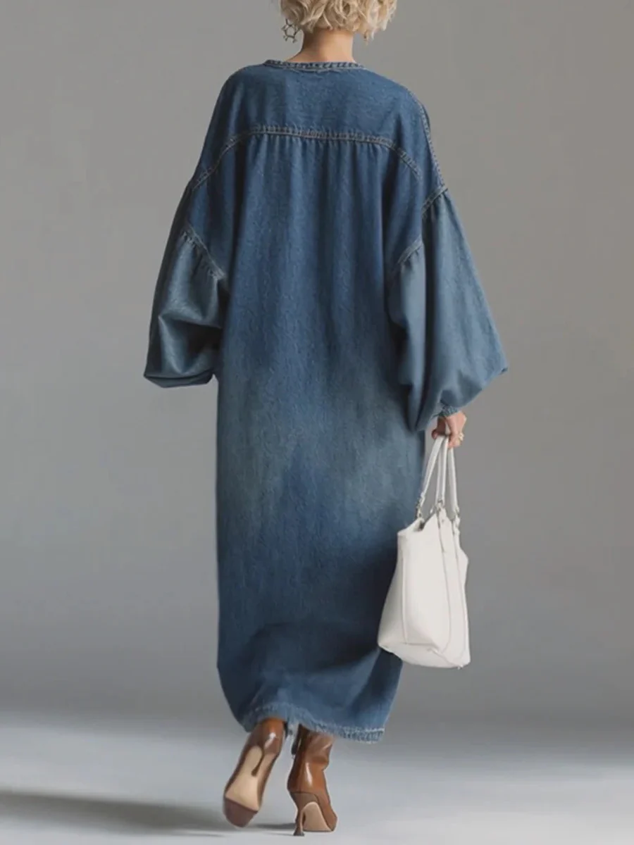 Long Sleeves Loose Buttoned Pockets Solid Color V-Neck Maxi Dresses - Image 3