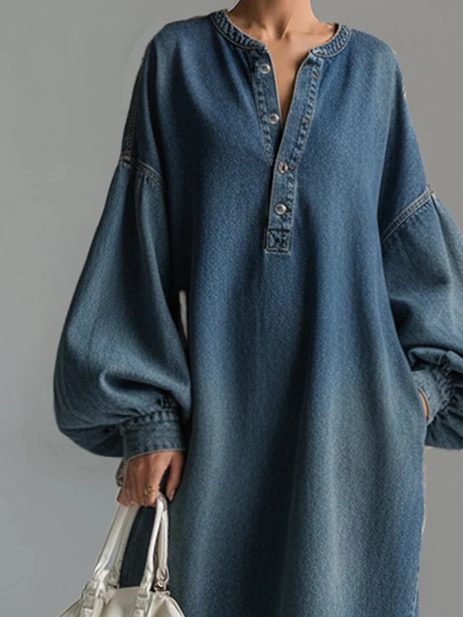 Long Sleeves Loose Buttoned Pockets Solid Color V-Neck Maxi Dresses - Image 4