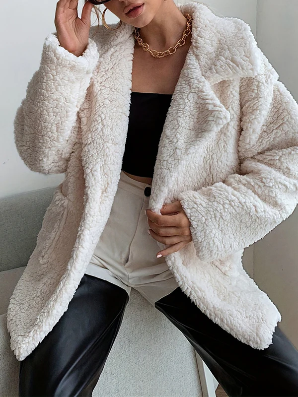 Long Sleeves Loose Buttoned Pockets Solid Color Velvet Notched Collar Outerwear - Image 2