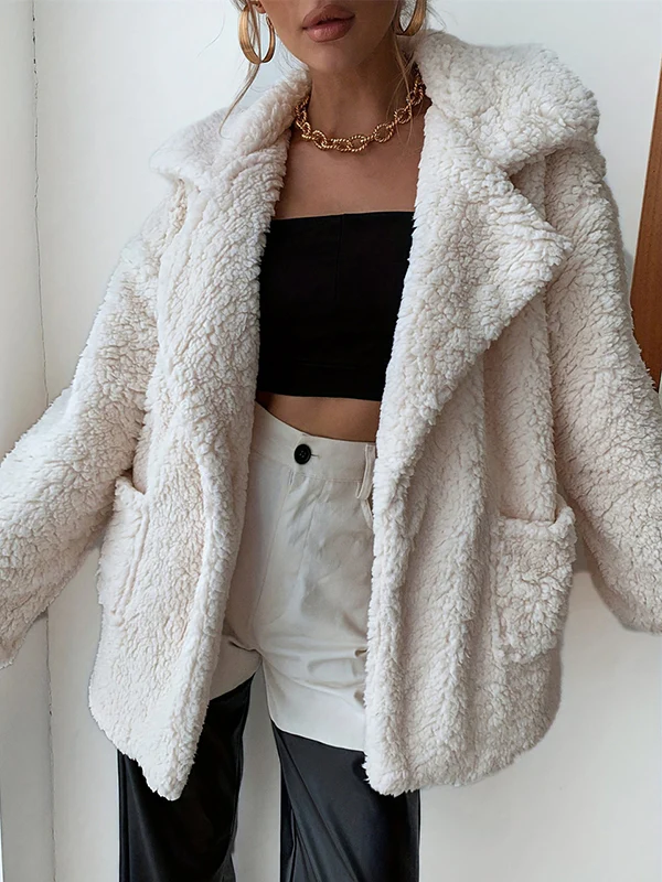 Long Sleeves Loose Buttoned Pockets Solid Color Velvet Notched Collar Outerwear - Image 3