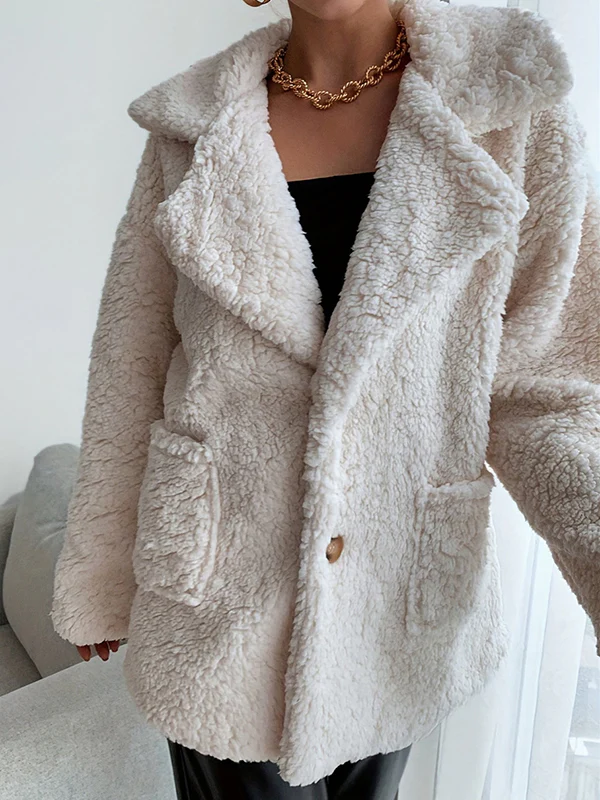 Long Sleeves Loose Buttoned Pockets Solid Color Velvet Notched Collar Outerwear - Image 4