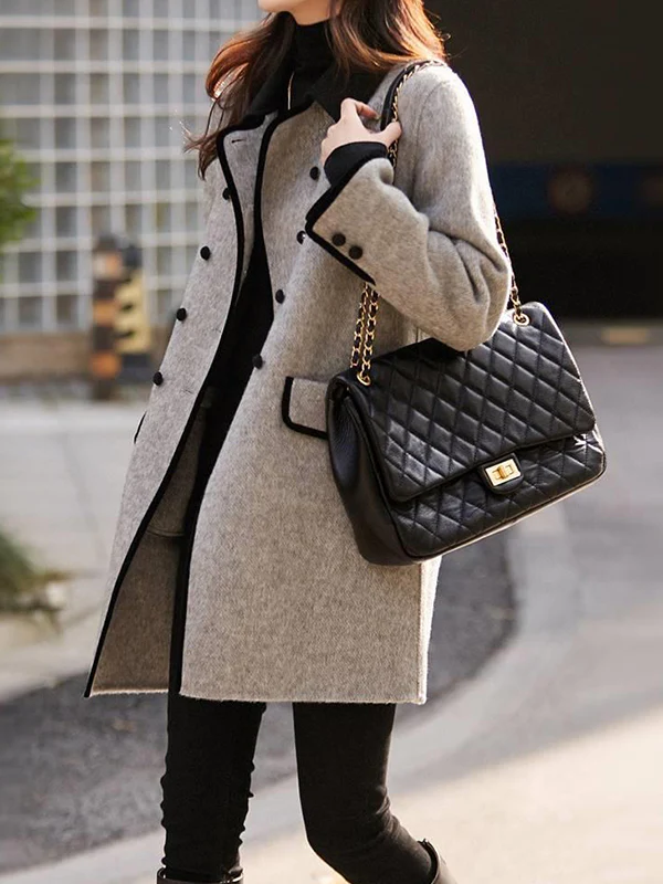 Long Sleeves Loose Buttoned Pockets Split-Joint Lapel Woolen Coat - Image 2