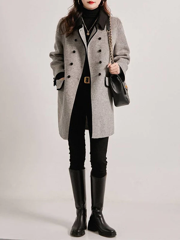 Long Sleeves Loose Buttoned Pockets Split-Joint Lapel Woolen Coat - Image 3