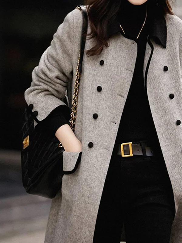 Long Sleeves Loose Buttoned Pockets Split-Joint Lapel Woolen Coat - Image 4