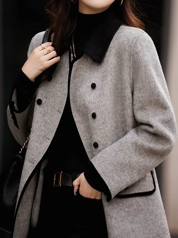 Long Sleeves Loose Buttoned Pockets Split-Joint Lapel Woolen Coat - Image 5