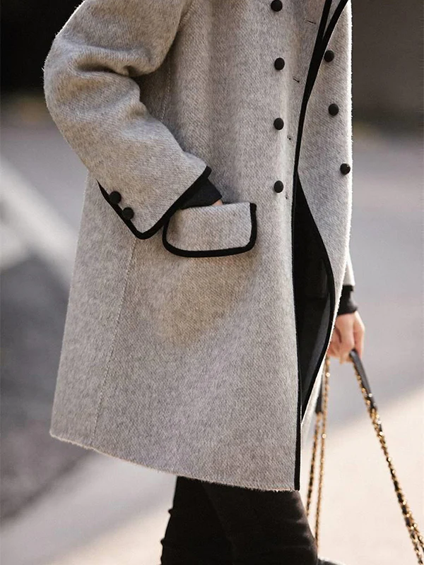 Long Sleeves Loose Buttoned Pockets Split-Joint Lapel Woolen Coat - Image 6