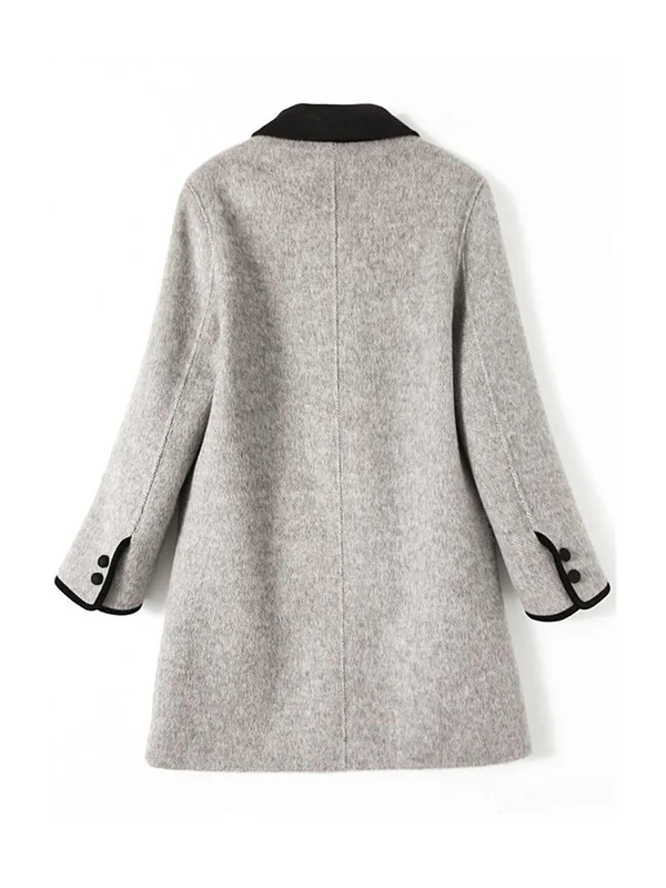 Long Sleeves Loose Buttoned Pockets Split-Joint Lapel Woolen Coat - Image 7