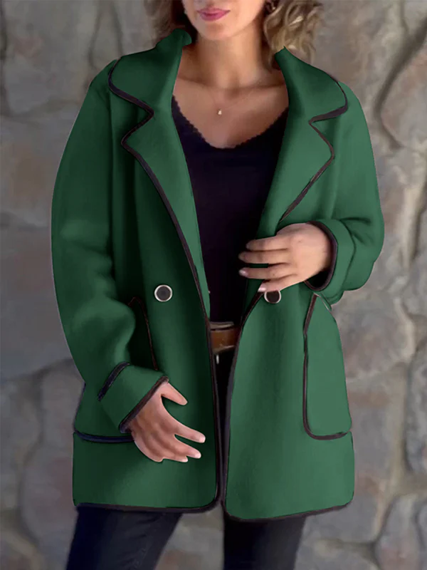 Long Sleeves Loose Buttoned Pockets Split-Joint Notched Collar Woolen Coat - Image 2
