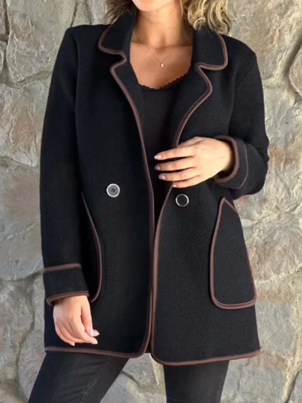 Long Sleeves Loose Buttoned Pockets Split-Joint Notched Collar Woolen Coat - Image 3