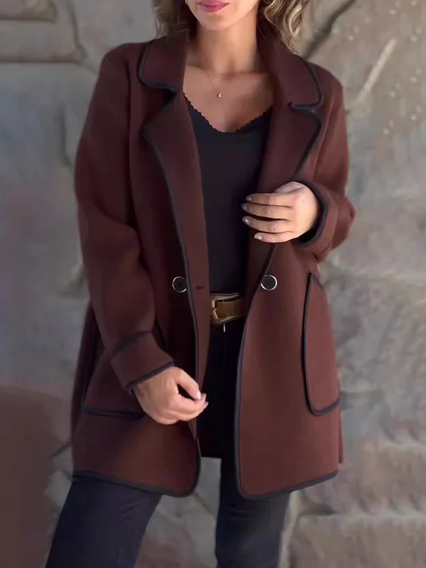 Long Sleeves Loose Buttoned Pockets Split-Joint Notched Collar Woolen Coat - Image 4