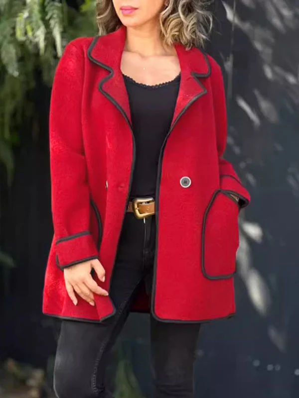Long Sleeves Loose Buttoned Pockets Split-Joint Notched Collar Woolen Coat - Image 5