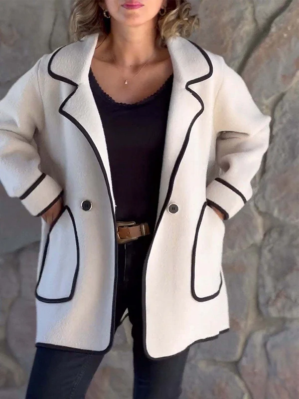 Long Sleeves Loose Buttoned Pockets Split-Joint Notched Collar Woolen Coat - Image 6