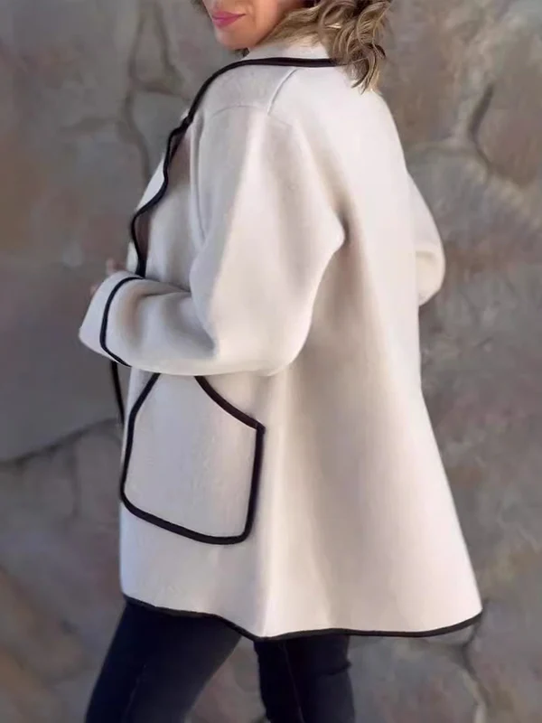 Long Sleeves Loose Buttoned Pockets Split-Joint Notched Collar Woolen Coat - Image 7