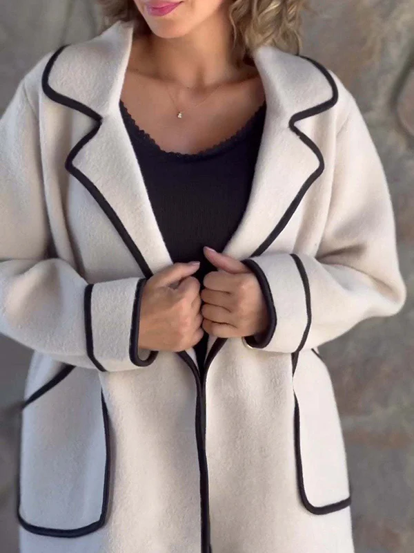 Long Sleeves Loose Buttoned Pockets Split-Joint Notched Collar Woolen Coat - Image 8
