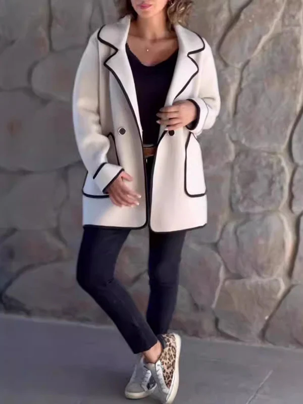 Long Sleeves Loose Buttoned Pockets Split-Joint Notched Collar Woolen Coat - Image 9