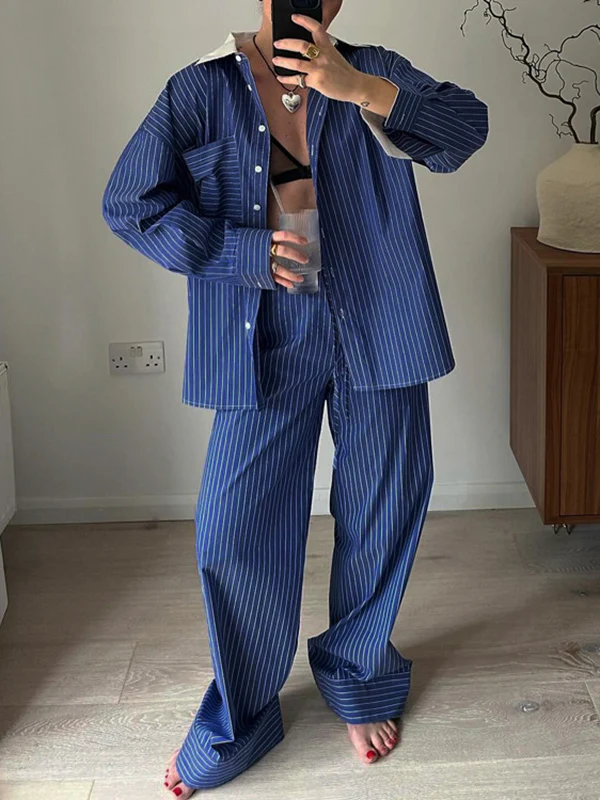 Long Sleeves Loose Buttoned Pockets Split-Joint Striped Lapel Blouses Tops + Pants Bottom Two Pieces Set - Image 2