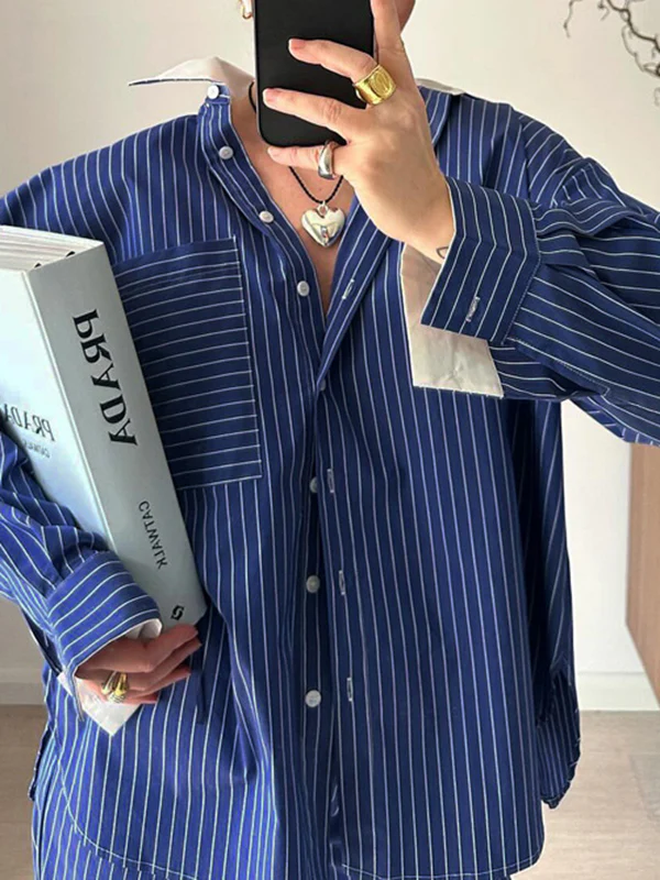 Long Sleeves Loose Buttoned Pockets Split-Joint Striped Lapel Blouses Tops + Pants Bottom Two Pieces Set - Image 3