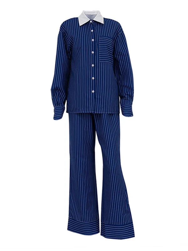 Long Sleeves Loose Buttoned Pockets Split-Joint Striped Lapel Blouses Tops + Pants Bottom Two Pieces Set - Image 4