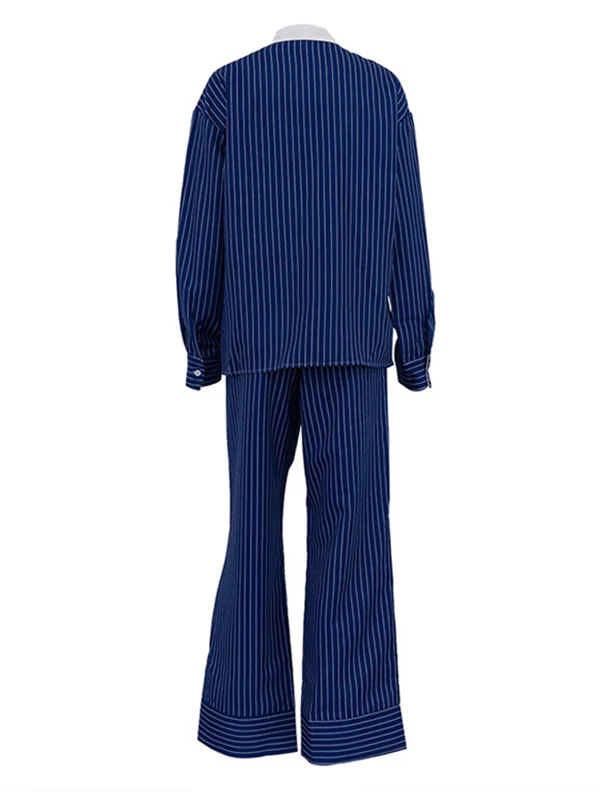Long Sleeves Loose Buttoned Pockets Split-Joint Striped Lapel Blouses Tops + Pants Bottom Two Pieces Set - Image 5
