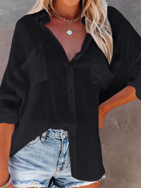 Long Sleeves Loose Buttoned Pockets Split-Joint Sun Protection Lapel Blouses&Shirts Tops - Image 4
