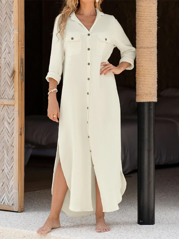 Long Sleeves Loose Buttoned Pockets Split-Side Lapel Maxi Dresses Shirt Dress - Image 2