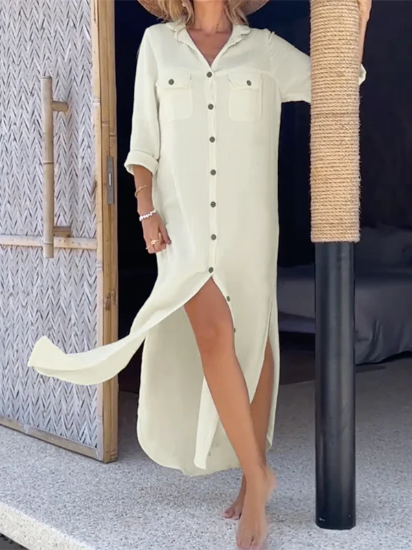 Long Sleeves Loose Buttoned Pockets Split-Side Lapel Maxi Dresses Shirt Dress - Image 3