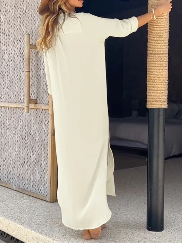 Long Sleeves Loose Buttoned Pockets Split-Side Lapel Maxi Dresses Shirt Dress - Image 4