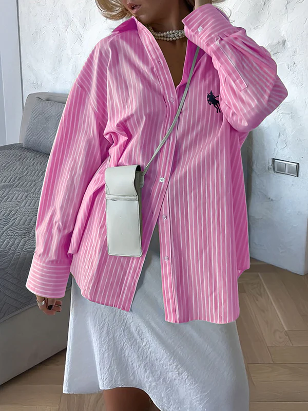 Long Sleeves Loose Buttoned Pockets Striped Lapel Blouses&Shirts Tops - Image 12