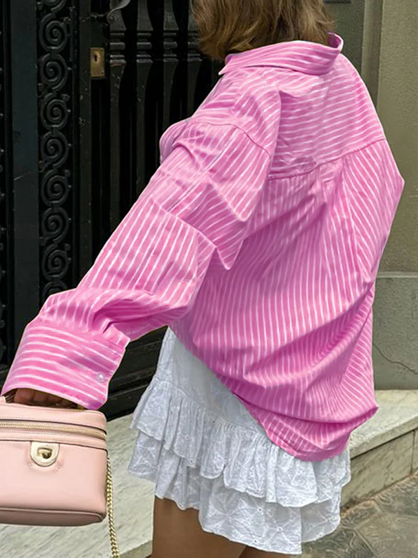 Long Sleeves Loose Buttoned Pockets Striped Lapel Blouses&Shirts Tops - Image 13