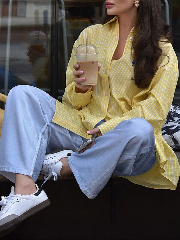 Long Sleeves Loose Buttoned Pockets Striped Lapel Blouses&Shirts Tops - Image 4