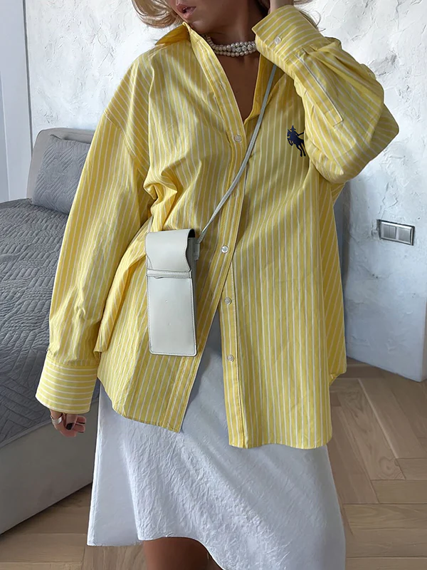 Long Sleeves Loose Buttoned Pockets Striped Lapel Blouses&Shirts Tops - Image 5
