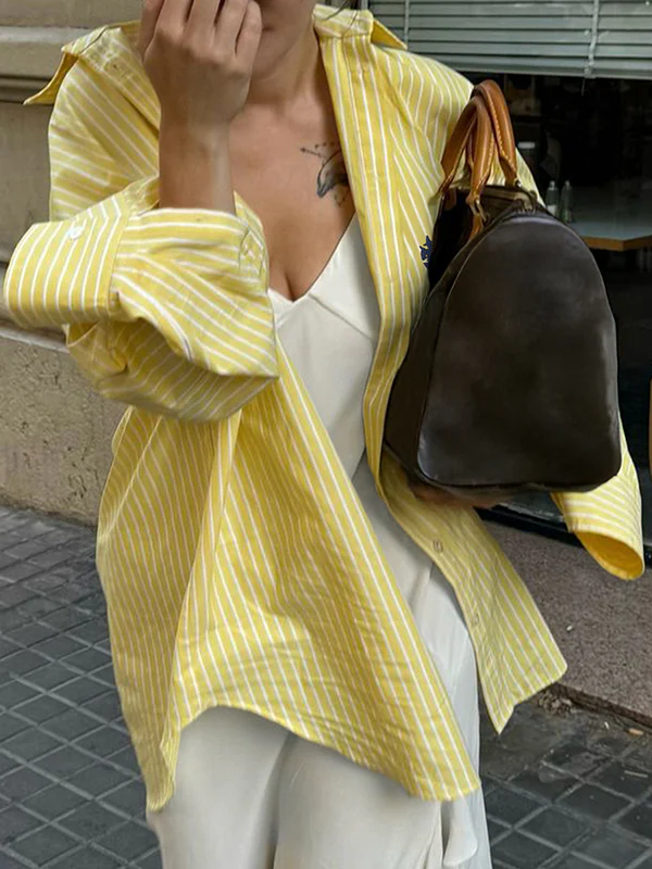 Long Sleeves Loose Buttoned Pockets Striped Lapel Blouses&Shirts Tops - Image 6