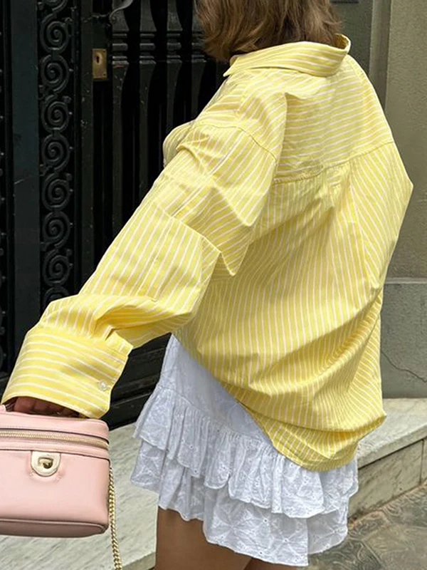 Long Sleeves Loose Buttoned Pockets Striped Lapel Blouses&Shirts Tops - Image 7
