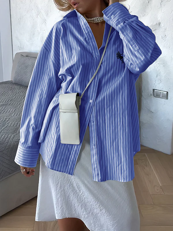 Long Sleeves Loose Buttoned Pockets Striped Lapel Blouses&Shirts Tops - Image 8