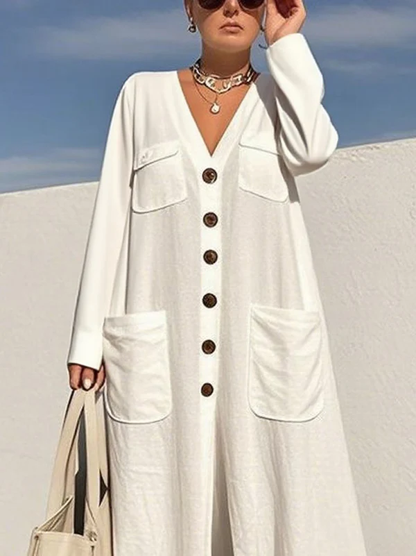 Long Sleeves Loose Buttoned Pockets V-Neck Jumpsuits - Image 2