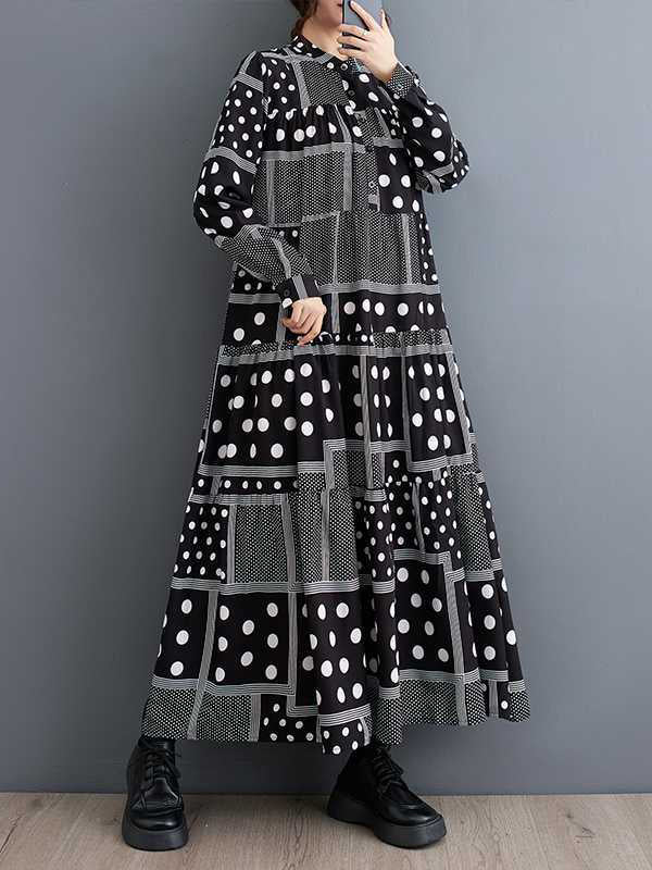 Long Sleeves Loose Buttoned Polka-Dot Printed Split-Joint Midi Dresses - Image 2