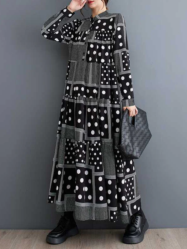 Long Sleeves Loose Buttoned Polka-Dot Printed Split-Joint Midi Dresses - Image 3