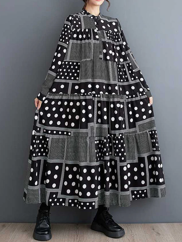 Long Sleeves Loose Buttoned Polka-Dot Printed Split-Joint Midi Dresses - Image 4