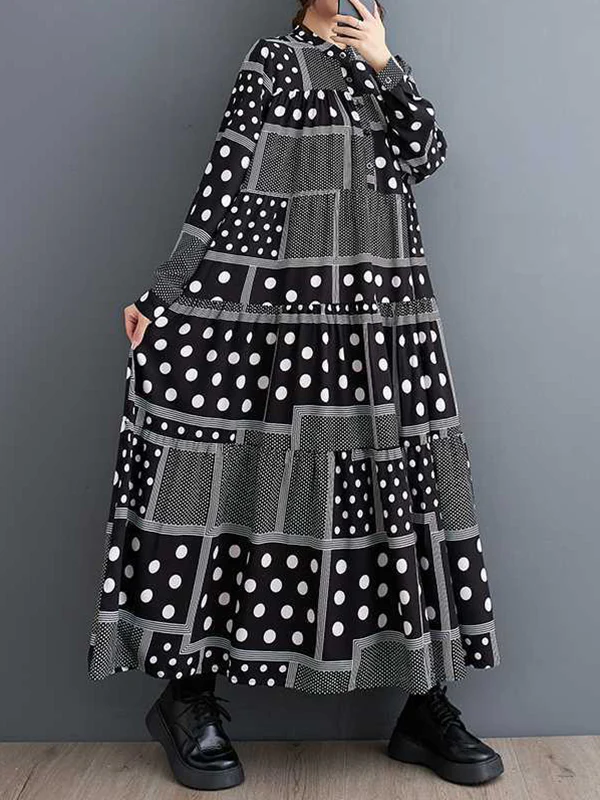 Long Sleeves Loose Buttoned Polka-Dot Printed Split-Joint Midi Dresses - Image 5